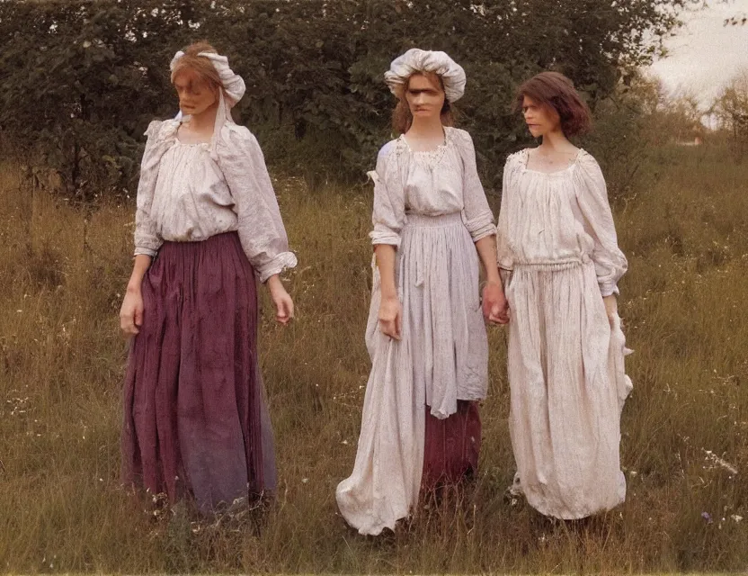 Image similar to peasant sisters with long messy hair, cottage core, cinematic focus, polaroid photo bleached vintage pastel colors high - key lighting, soft lights, foggy, by steve hanks, by lisa yuskavage, by serov valentin, by tarkovsky, 8 k render, detailed, oil on canvas