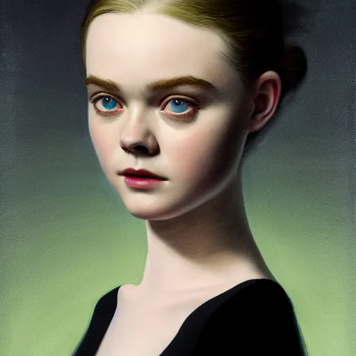 Image similar to Elle Fanning in the style of Paola Vetri, head and shoulders portrait, stormy weather, extremely detailed masterpiece, oil on canvas, low-key neon lighting, artstation, Blade Runner 2049, Roger Deakin’s cinematography, by J. C. Leyendecker and Peter Paul Rubens and Edward Hopper and Michael Sowa,