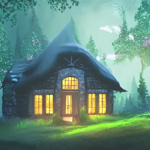 Prompt: cottage surrounded by trees, it is night, the windows are lit, concept art, low fantasy