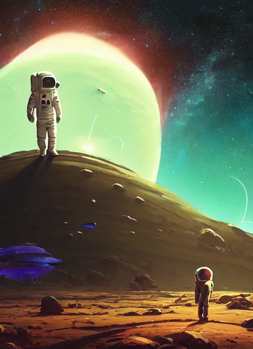 Prompt: a lonely astronaut overlooking at an amazing alien landscape with stars, digital art, breathtaking, light particles, extremely detailed, establishing shot, hyperrealistic, dynamic lighting, particles, unreal engine, simon stålenhag, rendered by Beeple, Makoto Shinkai, syd meade, simon stålenhag, Ruan Jia, Kentaro Miura, environment concept, trending on artstation, octane render, 4K UHD image