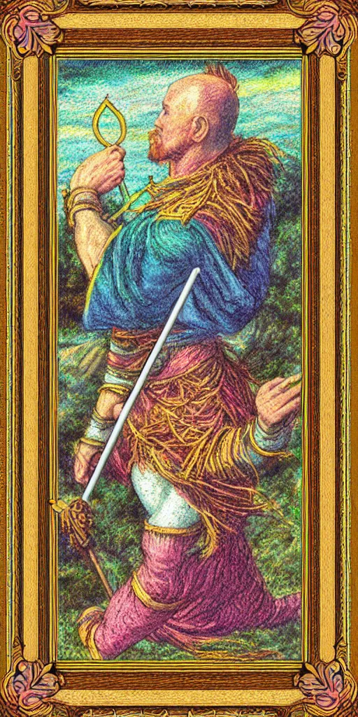 Image similar to the fool tarot card, pastel impressionist, intricate border, insanely detailed, 8 k scan, in frame, satisfying, clever