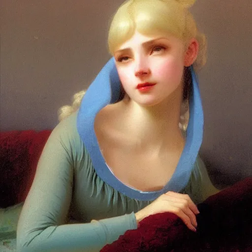 Image similar to a young woman's face, her hair is white and she wears a cobalt blue satin cloak, by ivan aivazovsky and syd mead and moebius and gaston bussiere and roger dean and pieter claesz and paul delaroche and alma tadema and aelbert cuyp and willem claesz, hyperrealistic, volumetric light, octane render