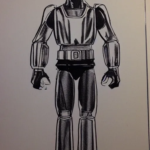 Image similar to industrial design sketch of an 1 9 8 0's kenner action figure. copic marker sketch. hand drawn.