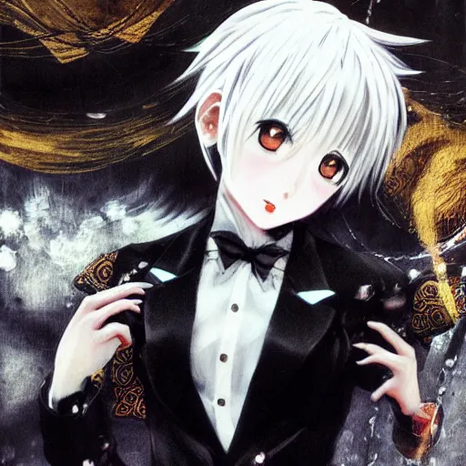 Image similar to Yoshitaka Amano realistic illustration of an anime girl with short white hair and black eyes wearing tuxedo, black and white battle background from Earthbound game, film grain effect, highly detailed, Renaissance oil painting