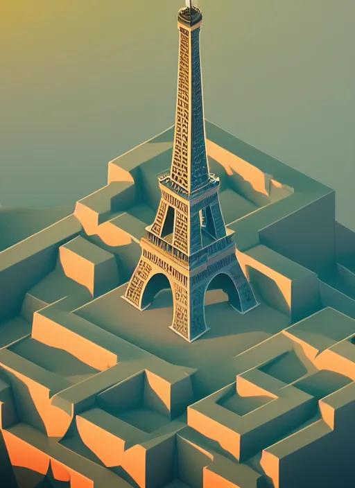 Image similar to a low poly isometric render of eiffel tower in the style of monument valley, intricate, elegant, smooth shading, soft lighting, illustration, simple, solid shapes, by magali villeneuve, jeremy lipkin and michael garmash, rob rey and kentaro miura style, octane render