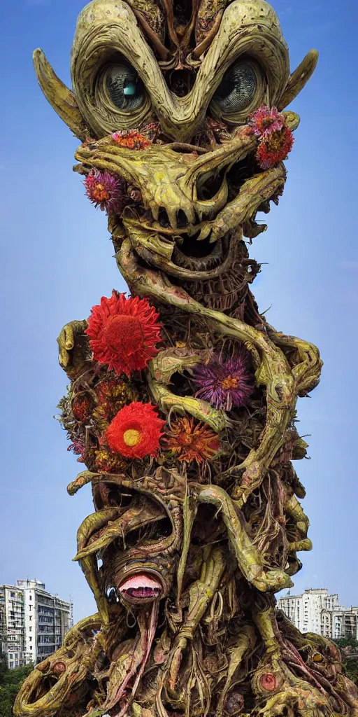 Image similar to colossal grotesque prehistoric psyhedelic alien predator flower made from best unfulfilled mankind projects in the middle of abandoned post soviet constructivist cityscape, Stalinist architecture, ultradetailed, Intricate by Hayao Miyazaki and Josan Gonzalez and Makoto Shinkai and Giuseppe Arcimboldo and Wes Anderson