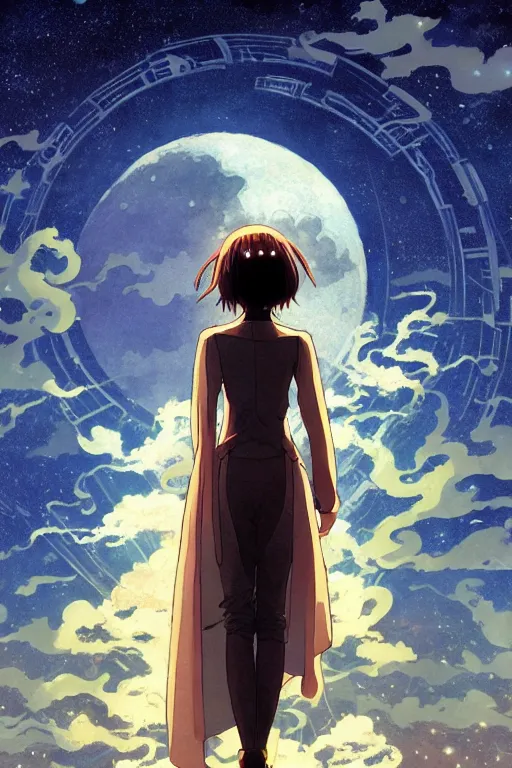 Image similar to a full moon containing the glimmering stairways to otherworldly galaxies, high intricate details, rule of thirds, golden ratio, cinematic light, anime style, graphic novel by fiona staples and dustin nguyen, by beaststars and orange, peter elson, alan bean, studio ghibli, makoto shinkai