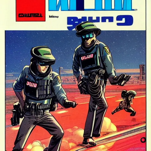 Prompt: 1979 OMNI Magazine Cover bank robbers fleeing the police, Anime, Highly Detailed, 8k :4 by Vincent Di Fate : 8