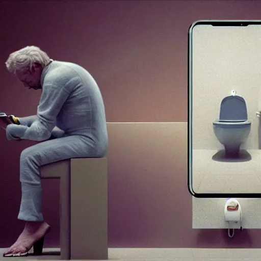 Image similar to hyperrealism aesthetic ridley scott and denis villeneuve style photography of a detailed giant, siting on a detailed ultra huge toilet and scrolling his smartphone in hyperrealism scene from detailed art house movie in style of alejandro jodorowsky and wes anderson