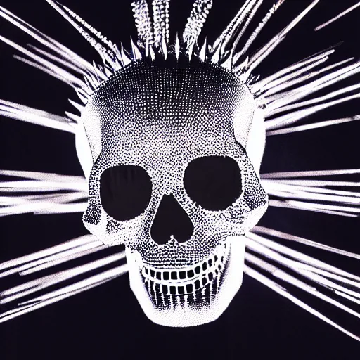 Image similar to a low poly disco skull full of long spikes, reflecting light in a nightclub, grainy film photograph