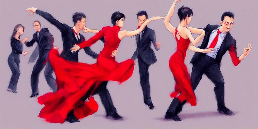 Image similar to Dancing Gesture draw by Stanley Artgerm Lau, Gesture draw, Salsa Dance, couple, lady using red dress, guy using a fancy suit, Salsa tricks, WLOP, Rossdraws, James Jean, Andrei Riabovitchev, Marc Simonetti, and Sakimichan, trending on artstation