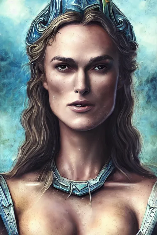 Image similar to A fantasy comic book style, composite portrait painting of Keira Knightley, Cory Chase as an Atlantean, Reptilian Warrior, Mystical Valkyrie, Armor, Sword, Spear, Sheild, François Boucher, Oil Painting, unreal 5, DAZ, hyper realistic, Photorealistic, octane render, Regal, Refined, Coherent, Detailed Digital Art, RPG portrait, William-Adolphe Bouguereau, Michael Cheval, Walt Disney (1937), Steampunk, Golden dappled dynamic lighting, Highly Detailed, Theophanic atmosphere, Cinematic Lighting, Unreal Engine, 8k, HD