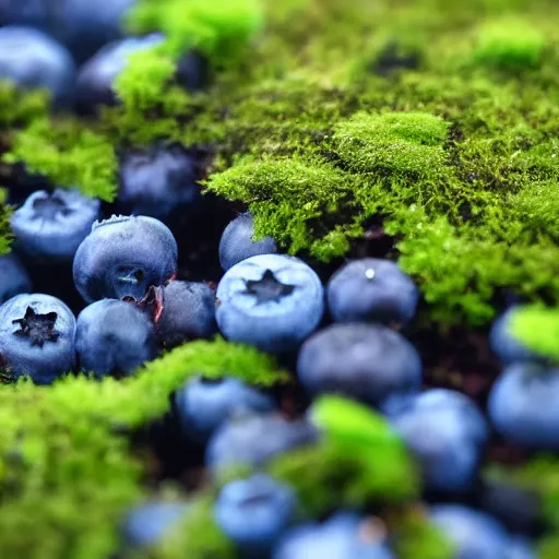 Image similar to closeup of a blueberry bush in a mossy nordic forest. Digital art. 4K. Artistic. Trending on artstation.