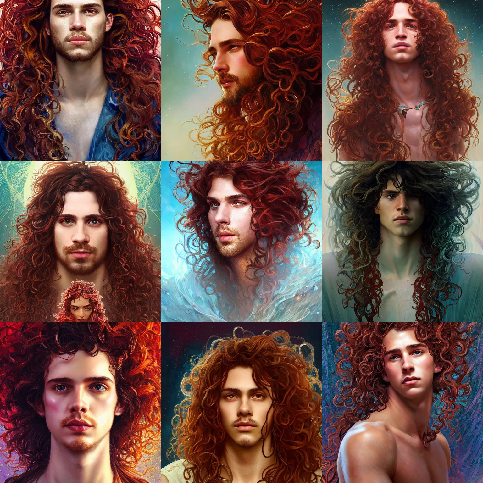 Prompt: Portrait of a young man with messy long curly brown hair surrounded by red lightning and morphing into crystals, face, fantasy, intricate, elegant, highly detailed, digital painting, artstation, concept art, smooth, sharp focus, illustration, art by Fernanda Suarez and Artem Demura and alphonse mucha