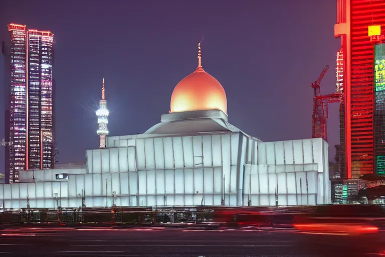 Prompt: exterior view of istiqlal mosque tokyo at night, promotional architectural photo, but in setting of japanese cyberpunk, neon tones