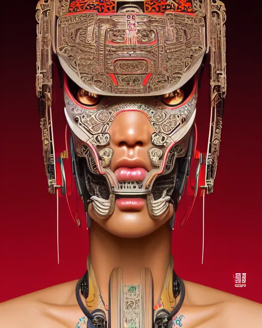 Image similar to portrait of a cyberpunk machine, machine face, upper half portrait, decorated with chinese opera motifs, african! fine china, traditional chinese art, intricate, elegant, highly detailed, symmetry, headpiece, digital painting, artstation, concept art, smooth, sharp focus, illustration, art by artgerm and greg rutkowski and alphonse mucha, 8 k