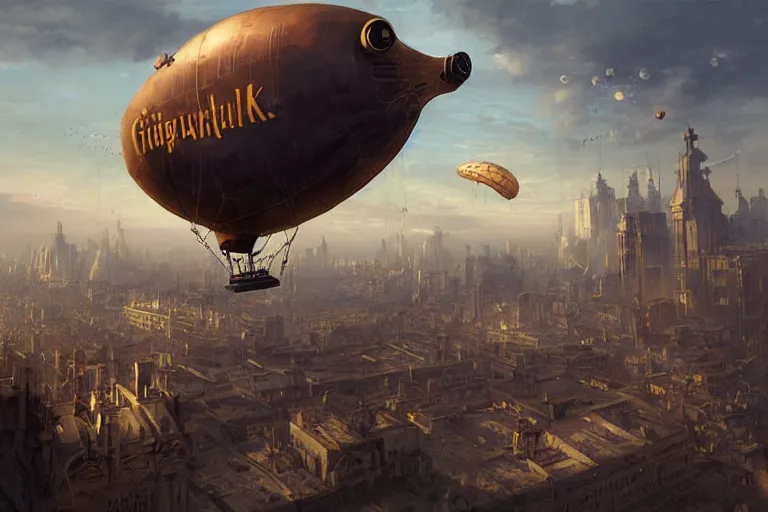 Image similar to a pig-blimp, steampunk, digital art, extremely detailed, flying over a city, greg rutkowski, cinematic