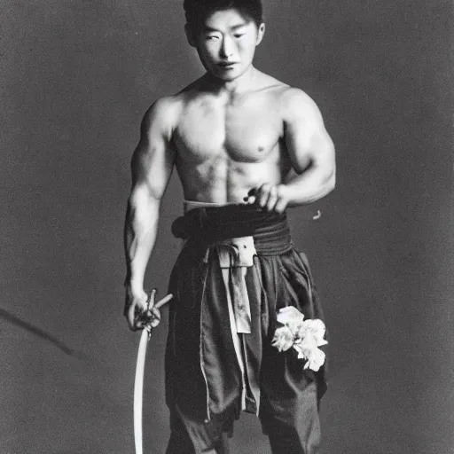 Image similar to muscular japanese man holding a sword in one hand and a bouquet of flowers in the other hand, strong but tender, vivid photography