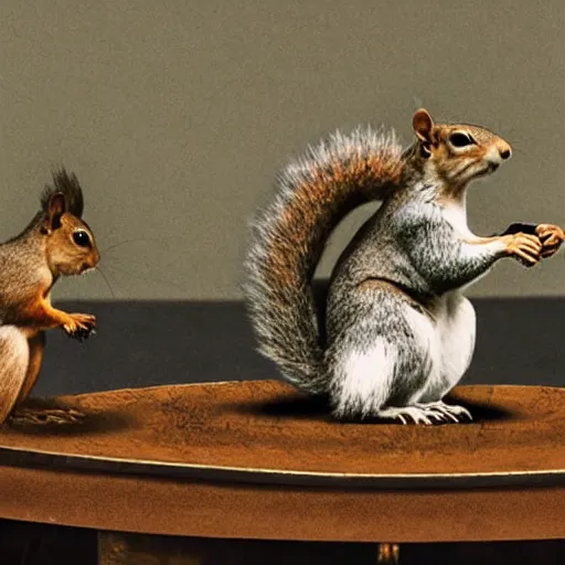 Prompt: squirrels sitting at a round table, a peace treaty sits in the middle of the table, historic photo, united nations