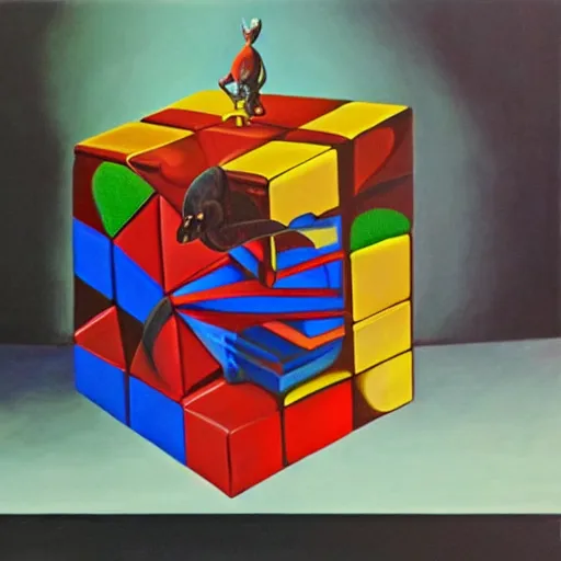 Image similar to a Rubik's cube, surrealist painting, award-winning, 8K, in the style of Salvador Dalí