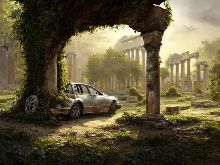 Image similar to a tree growing on a scrap car in ancient greek ruins, gray wasteland, many overgrown scrap cars, overgrown pillars and arches, vines, flowers, hyperrealistic, highly detailed, cinematic, ray of golden sunlight, beautiful, cgsociety, artstation, 8 k, oil painting by greg rutkowski, by artgerm, by wlop