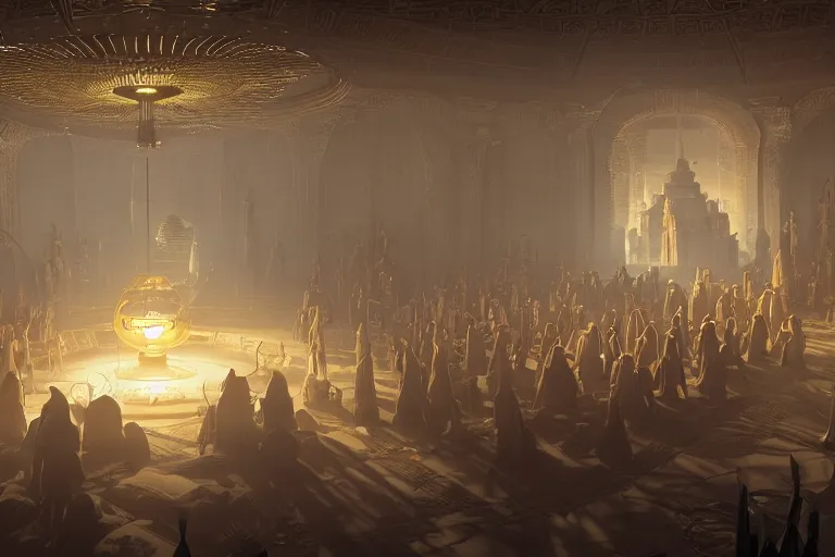 Image similar to cultist secret meeting with aliens taking place in an art deco townhall in a oriental medieval fantasy village. incredible voluminous indirect soft glow cinematic lighting, hyperdetailed features, movie still, intricate, octane render, unreal engine, crepuscular rays, god rays, by beeple and rhads and donato giancola