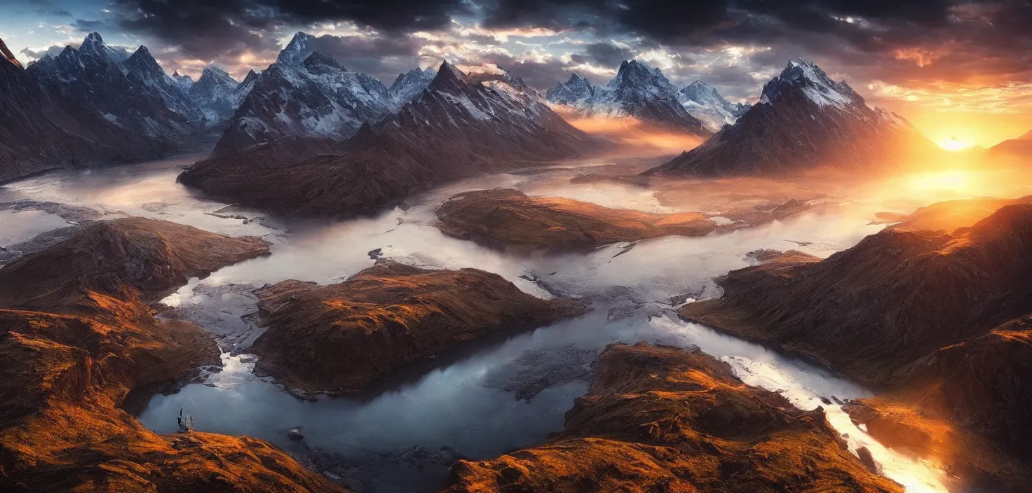 Image similar to amazing landscape photo of mountains with river in sunset by max rive, beautiful dramatic lighting