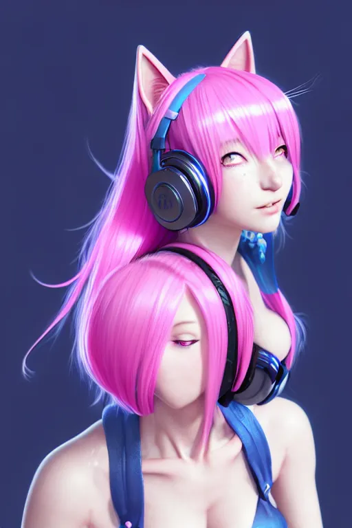 Image similar to a catgirl with pink headphone and blue hair, occlusion shadow, specular reflection, rim light, unreal engine, octane render, artgerm, artstation, art by hiroaki samura and jiro matsumoto and yusuke murata, high quality, intricate detailed 8 k, fantasy illustration, extremely beautiful and aesthetic shape of body