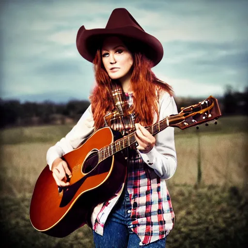 Image similar to a female fox animal, wearing cowboy hat, wearing plaid shirt, playing guitar, inside a barn, album cover style