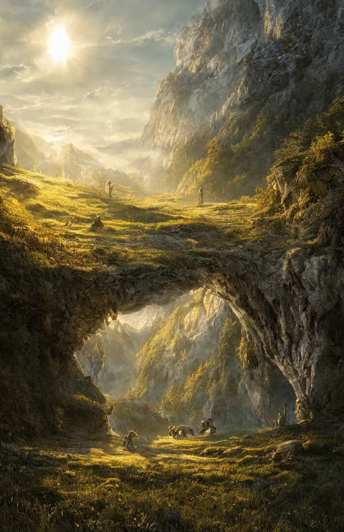 Image similar to a highly detailed light portal within a swiss landscape, detailed, hyperreal phantastic, intricate details in environment, luminance, golden ratio, high aestehtic, cinematic light dramatic light, godrays, distance, photobash, wideangle, terrence malick, hyperreal 4 k