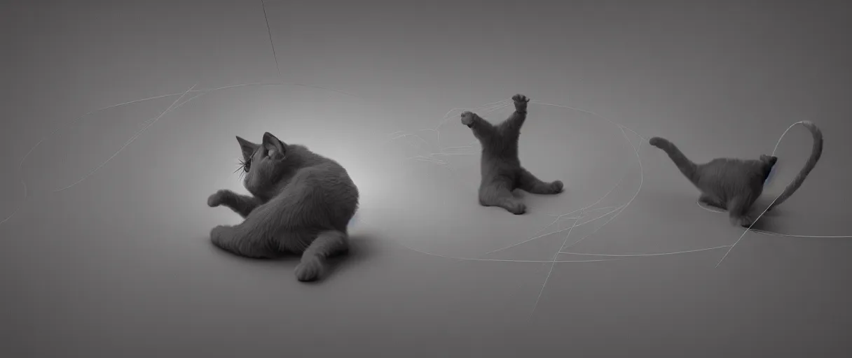 Prompt: 3 d render of cat playing with yarn in non - euclidean space, dynamic motion, concept art, high detail, artstaion, dark atmosphere, noir, 4 k