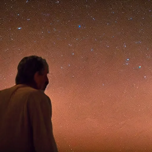 Prompt: film still of 80 year old stunned Mediterranean skinned man in ancient Canaanite looking up at the nightime sky, star filled background, Biblical epic movie