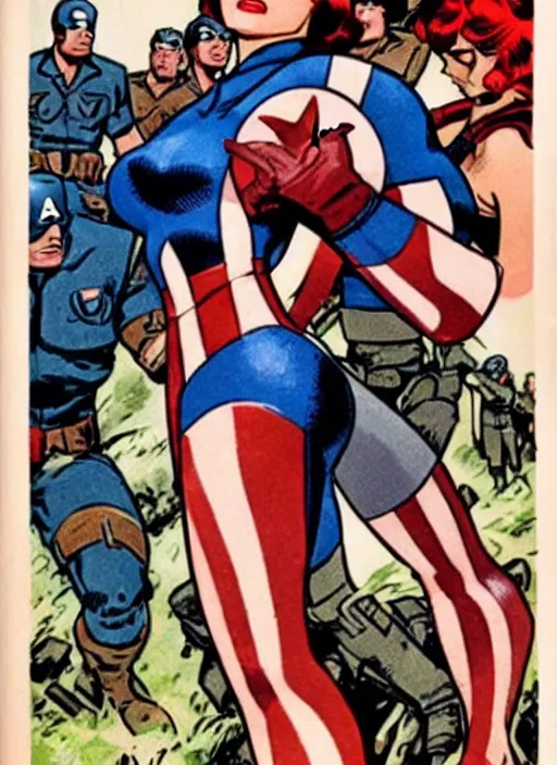 Image similar to beautiful female captain america standing on a pile of defeated, beaten and broken german soldiers. feminist captain america wins wwii. american wwii propaganda poster by james gurney and ralph bakshi. gorgeous face. overwatch.