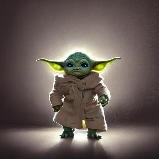 Image similar to full body pose, hyperrealistic photograph of baby yoda dressed as a wizard, dim volumetric lighting, 8 k, octane beautifully detailed render, extremely hyper detailed, intricate, epic composition, cinematic lighting, masterpiece, trending on artstation, very very detailed, stunning, hdr, smooth, sharp focus, high resolution, award, winning photo, dslr, 5 0 mm