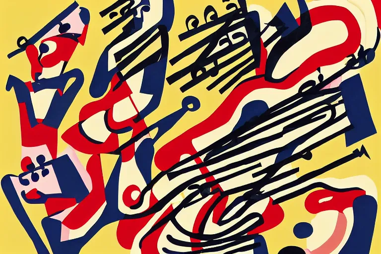 Prompt: 3 jazz musicians, head and shoulders playing with musical notes as abstract art in the style of Stuart Davis, texture, matte illustration