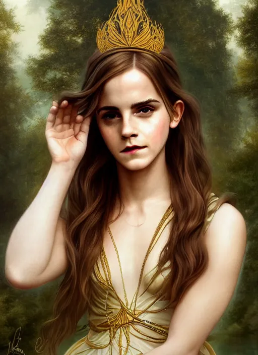 Image similar to emma watson as magic healer goddess, long hair, white and gold cloth, lake in the forest, D&D, shiny background, intricate, elegant, highly detailed, digital painting, artstation, concept art, smooth, sharp focus, illustration, artgerm, bouguereau