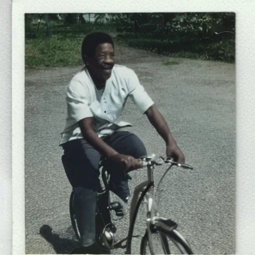 Prompt: young morgan freeman learning to ride a bike, polaroid photo