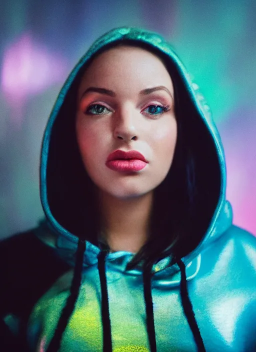 Prompt: A hyper realistic and detailed head portrait photography of curvy raven-hair young woman in a iridescent hoodie on a futuristic street. by Annie Leibovitz. Neo noir style. Cinematic. neon lights glow in the background. Cinestill 800T film. Lens flare. Helios 44m