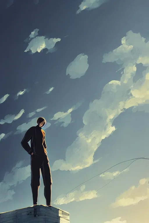 Prompt: Man in black adidas tracksuit looking atop of a urban plateau filled with soviet apartment buildings, golden hour, dreamy, beautiful clouds, beautiful ambient, lighting, wallpaper, beautiful artwork by Makoto Shinkai