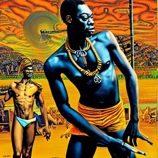 Prompt: fela kuti by clyde caldwell, very detailed, low contrast dramatic colors, 4 k