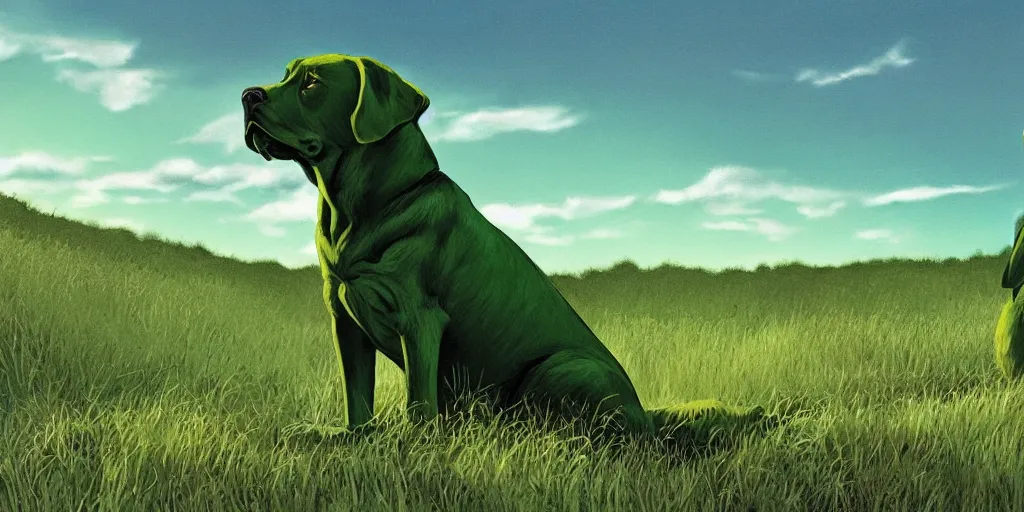 Prompt: hyperrealist, graphic novel illustration of an 8 0 0 lb green alien labrador retriever with shaggy green fur with green dye sitting on a grassy hill, pulp 7 0's sci - fi vibes, 9 0's hannah barbara fantasy animation, cinematic, movie still, studio ghibli masterpiece