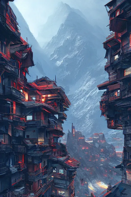 Prompt: beautiful digital illustration Swiss Alps cyberpunk by Marc Simonetti