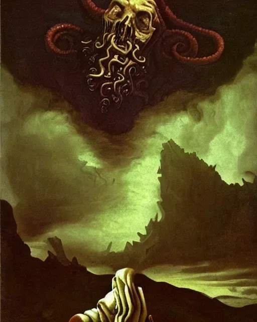 Prompt: inconceivable otherworldly massive cthulu god rising from a grim landscape, epic painting by vermeer!!!!!!!!!!. elder god lovecraft mythology