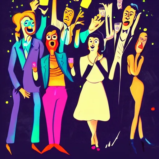 Image similar to young people in a fancy nightclub dancing and drinking, partylights, great colors, in the style of charles addams, trending on artstation
