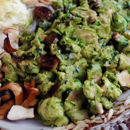 Prompt: delicious Brussel sprout guacamole with mushrooms, food blog photo