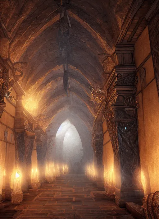 Image similar to castle hallways, ultra detailed fantasy, elden ring, realistic, dnd, rpg, lotr game design fanart by concept art, behance hd, artstation, deviantart, global illumination radiating a glowing aura global illumination ray tracing hdr render in unreal engine 5