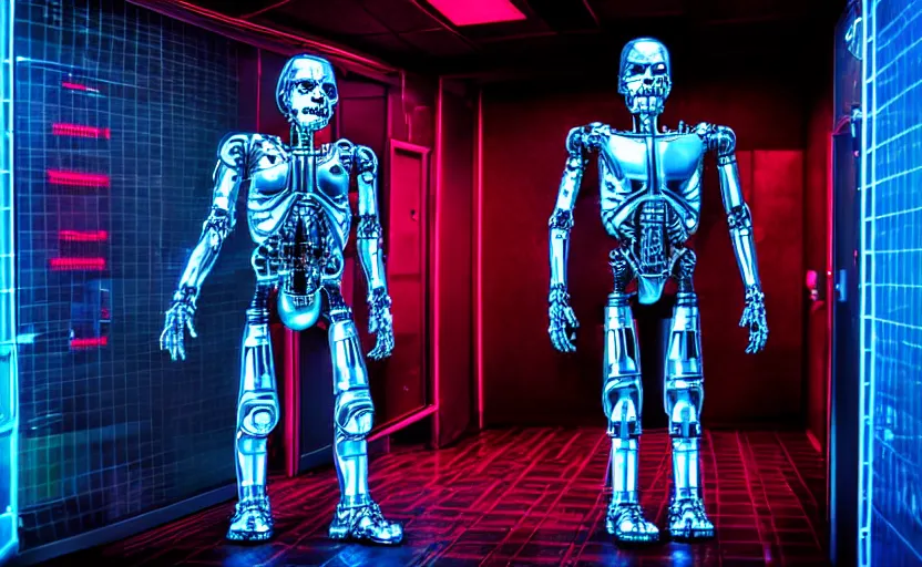 Prompt: high detailed terminator without flesh, staying in front of data center room, 1 6 mm, high detail, cold neon light, cinematic colors, low - saturated, sharp