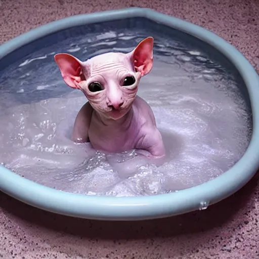 Prompt: a hairless sphynx cat swimming in a baby pool filled with milk