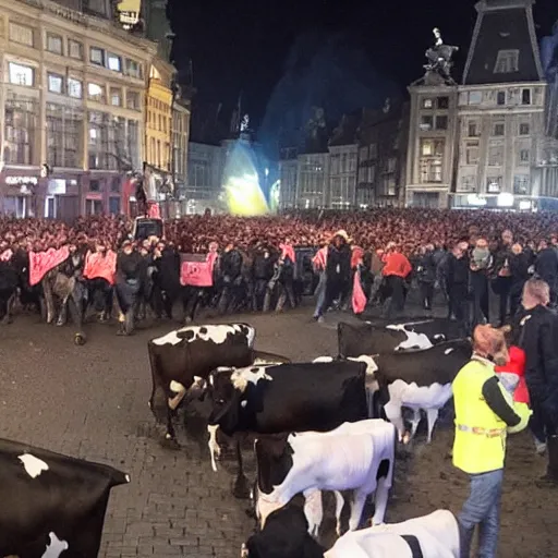 Image similar to cows demonstrating with police, on dam square amsterdam, burning, sirens police