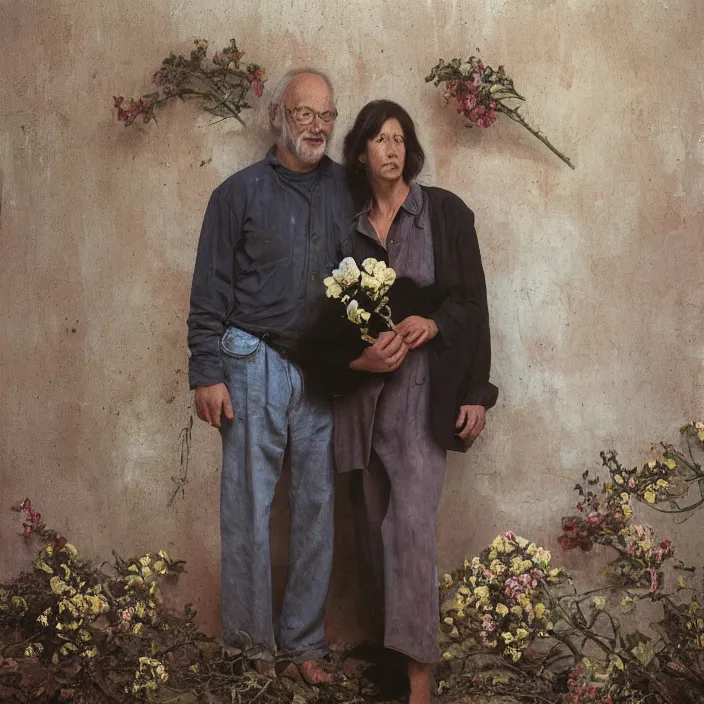 Image similar to closeup portrait of a couple holding flowers, standing in a desolate abandoned house, by Annie Leibovitz and Steve McCurry, natural light, detailed face, CANON Eos C300, ƒ1.8, 35mm, 8K, medium-format print